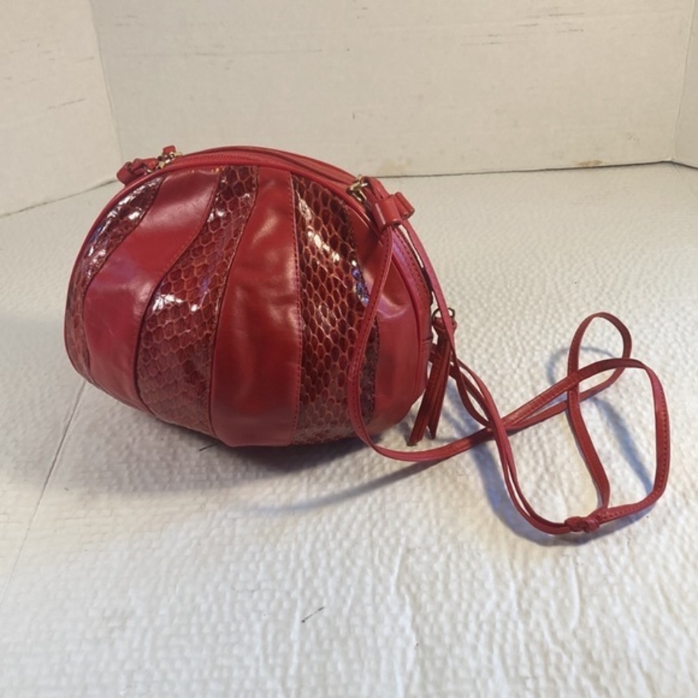 Woman’s Red Faux Leather & Snakeskin Ballooned Crossbody Purse - Picture 2 of 9